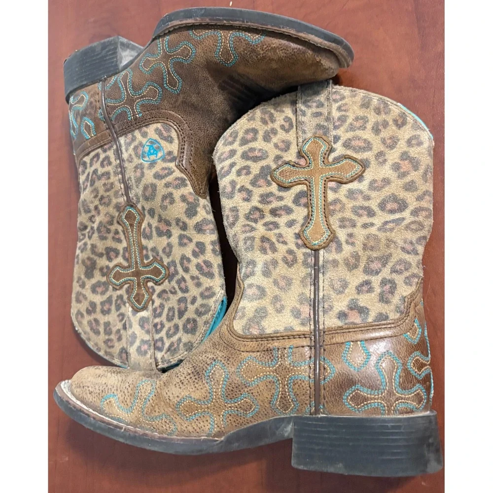Ariat Kids Leopard Print Cross Western Cowboy Boots Brown Turquoise 10017311 10